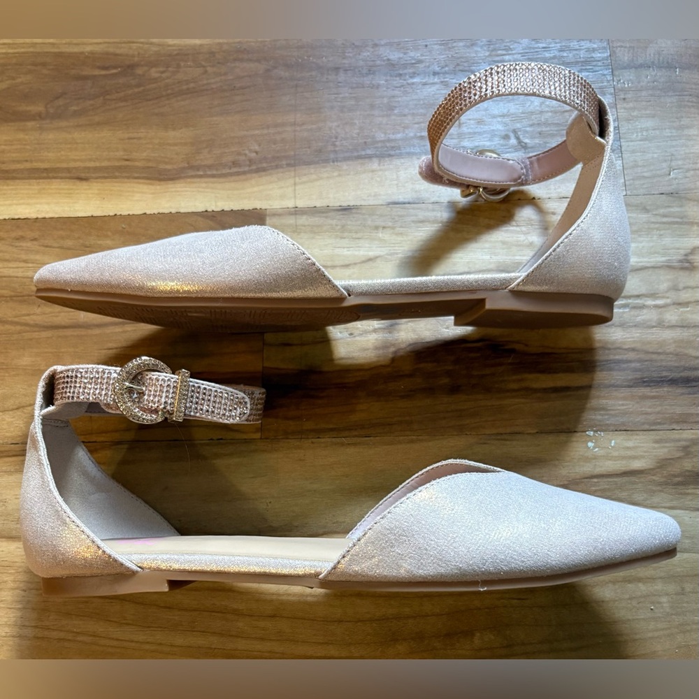 NWT, Gold Shimmery Dress Flats with Jeweled Velcro Ankle Strap, Size 5